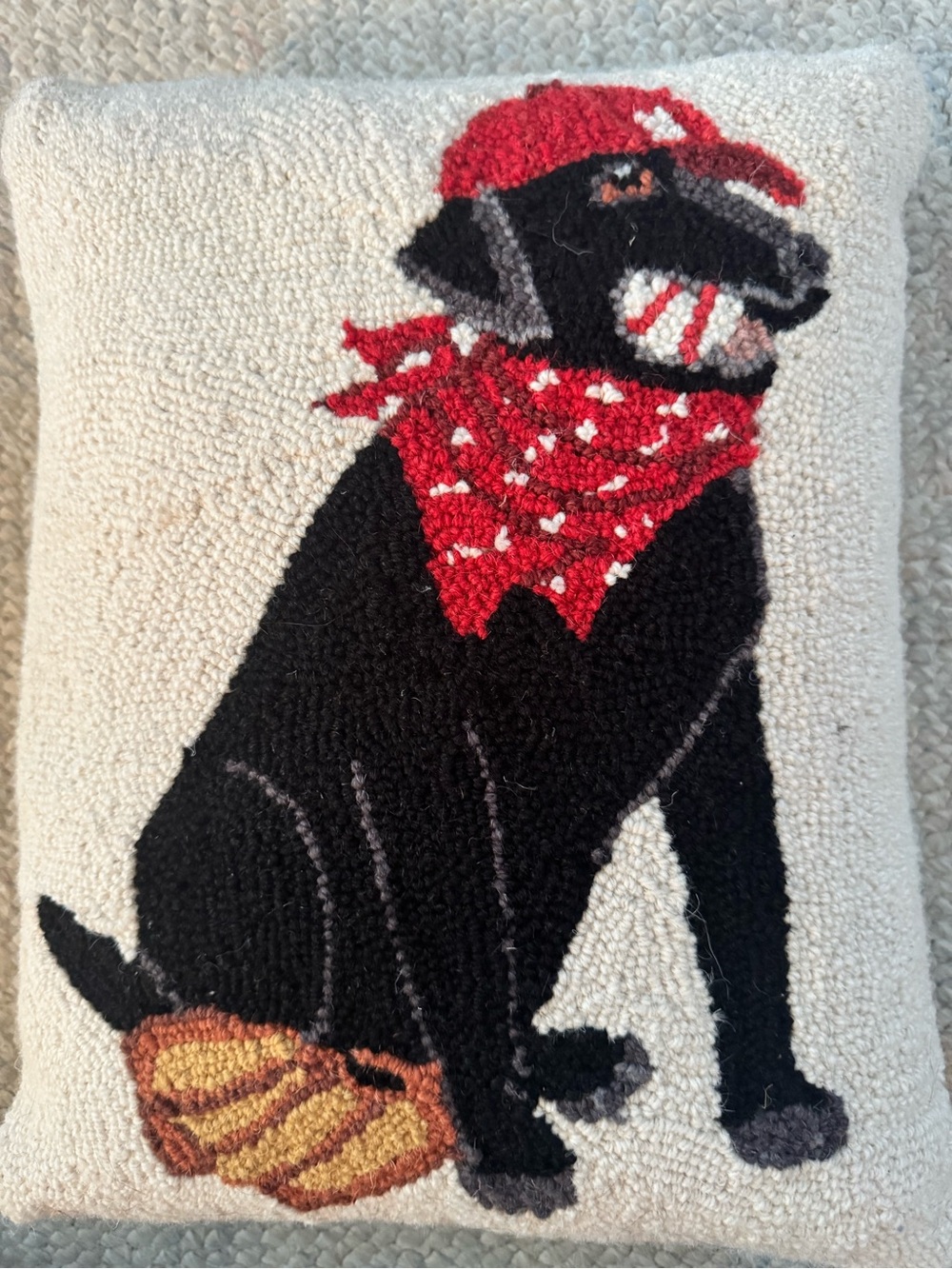 Black Dog Accent Baseball Pillow with Red Bandana and Cap